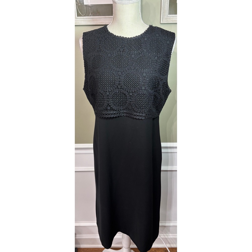 Black Lace Popover Sheath Dress Sleeveless Round Neck Cocktail Formal Midi sz 14